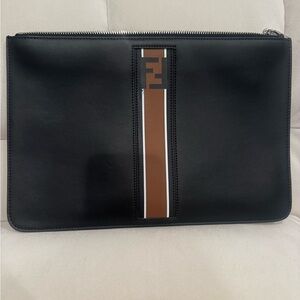 Fendi Black Leather Pouch with Brown Center Stripe